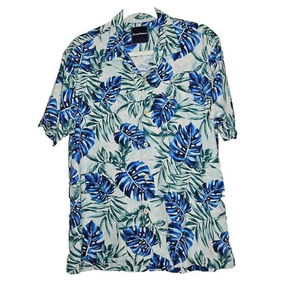 Tommy Bahama‎ Vintage Hawaiian Shirt Monstera Plant Silk Blue Green Size M - Picture 1 of 12